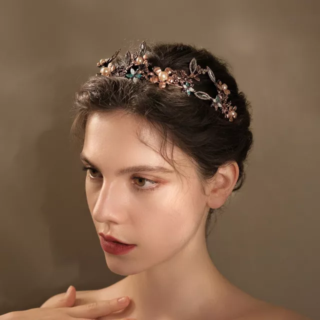 Copper Crystal Flower Big Pearl Wedding Bridal Queen Princess Prom Tiara Crown