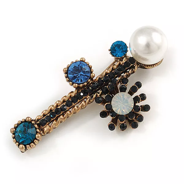 Vintage Inspired Crystal Pearl Fancy Brooch In Aged Gold Tone Metal (Blue/