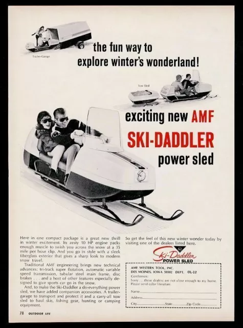 1966 AMF Ski-Daddler snowmobile & tow sled photo vintage print ad