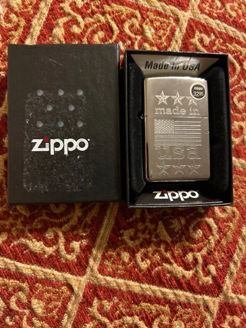 Zippo Made in USA with Flag, Engraved Lighter, High Polish Chrome NEW IN BOX