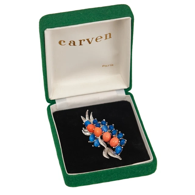 Broche Vintage CARVEN En Forme De Feuille – Cabochons De Verre Corail & Bleu Lazuli – Années 1970