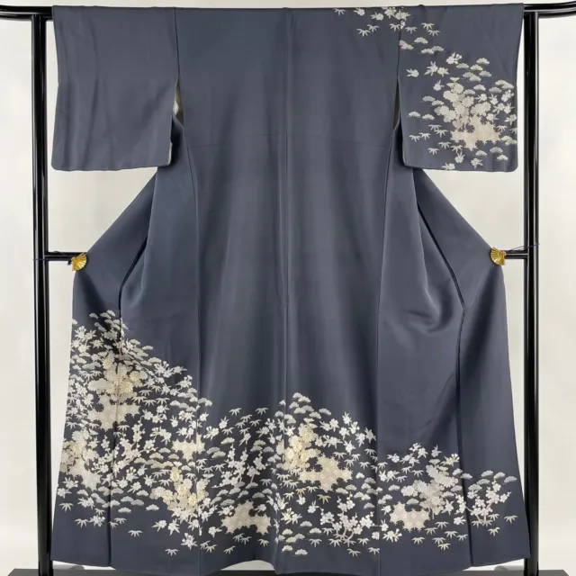 Japanese Kimono Silk Houmongi Vintage Gold Leaf Pine Bamboo Plum Kiku Gray60"