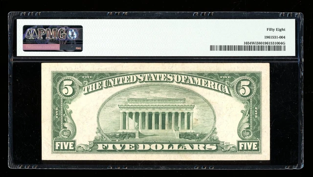DBR 1934-D $5 Silver Fr. 1654Wi Wide I RA Block PMG 58 Serial R45357136A 2