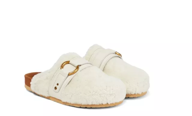 BNIB Brand New See by CHLOE White Gema shearling lambskin Mules Flats Size 37