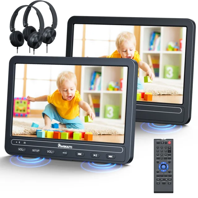 Full HD 2x10.5" Auto Kopfstütze DVD Player KFZ Monitor Für Kinder AKKU+Kopfhörer