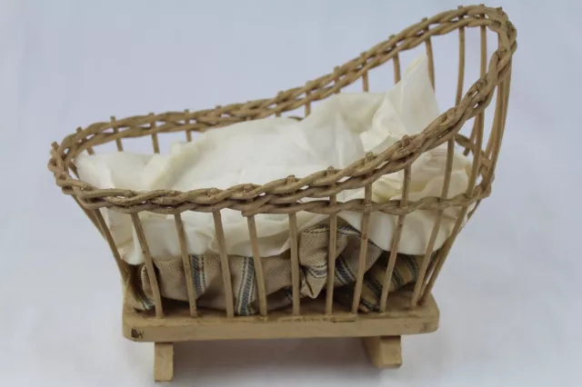 Antique Vintage 9"  Wicker Rocking Doll Cradle with Bedding