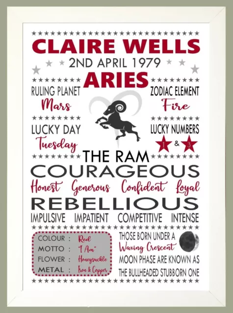 PERSONALISED ARIES STAR SIGN Print sold as Print Only or Framed Options