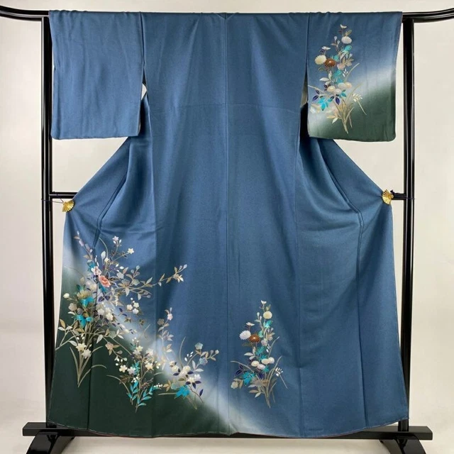 Woman Japanese Kimono Tsukesage Silk Flower Gold Silver Foil Embroidery Gray