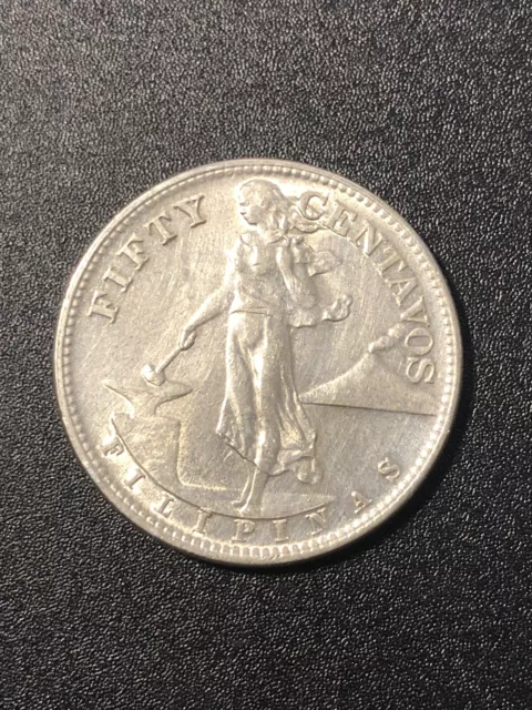 Uncirculated 1944-S U.S. Philippines 50 Centavos Silver Coin "Cleaned"
