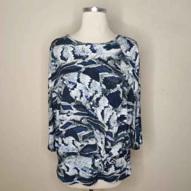 Clara Sun Woo Top Size XL Stretch Knit Blue Snake Pattern Dolman Sleeve Tie Side