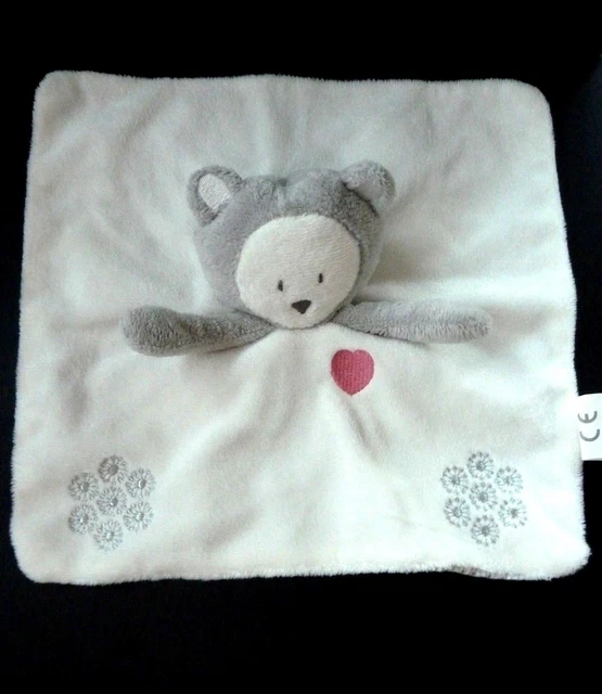 * Doudou Plat Obaibi Okaidi Ours Blanc Gris Flocon Argent Coeur Rose  Etat Neuf*
