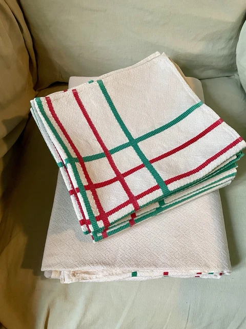 1 ANCIENNE NAPPE Toile Epaisse Teinte Vert D'eau+ 12 Serviettes/Neuve