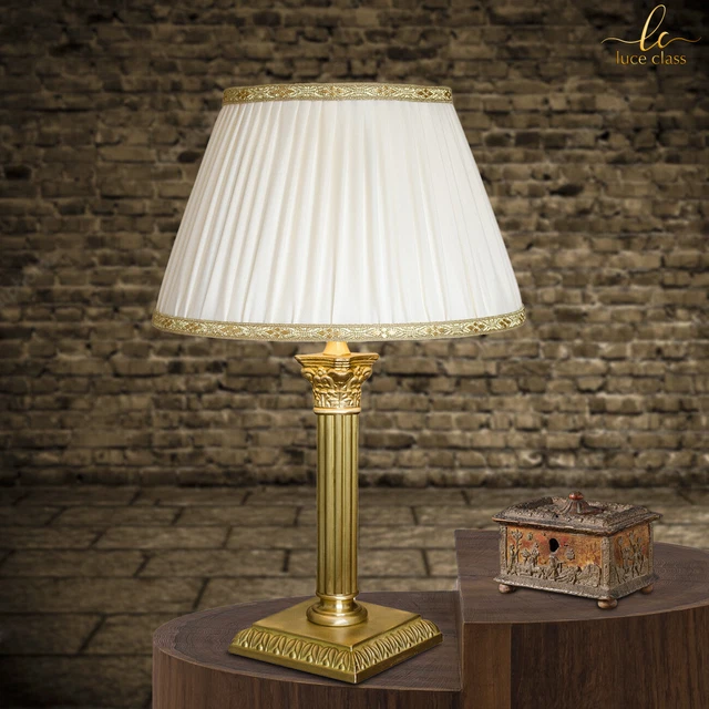 lampada da tavolo da comodino in ottone satinato lume con paralume seta plissé,