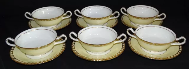 Mintons England Commodore 6 Cream Soups with Saucers White Ivory Gold