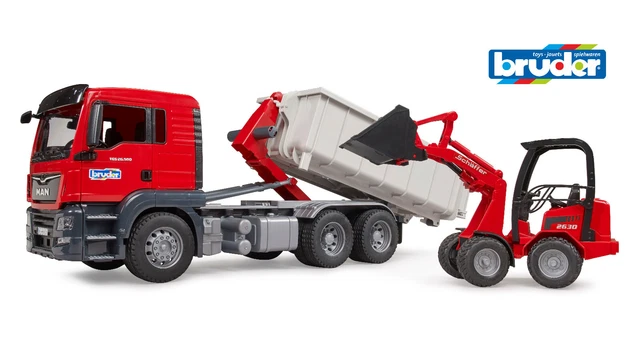BRUDER 03767 MAN TGS truck with roll off container and Sch ffer