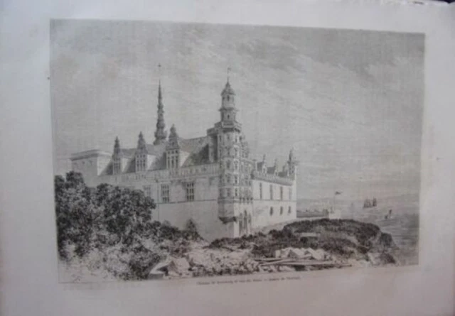 GRAVURE SUR BOIS 19ème CHATEAU DE KRONBORG ET VUE DU SUND DANEMARK