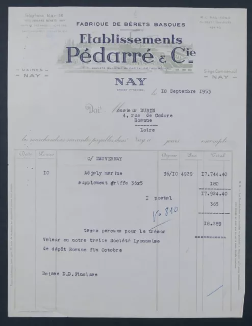 BERETS BASQUES etbs PEDARRE & Cie factory NAY 1953 old bill invoice 15