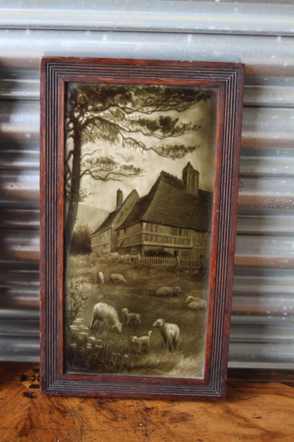 Vintage Art Nouveau Antique Farm Scene with Sheep Tile by Sherwin Cotton? Framed