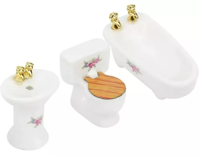 Miniature Dollhouse Bathroom Set 3 Piece White Porcelain With Roses 1:24th Scale