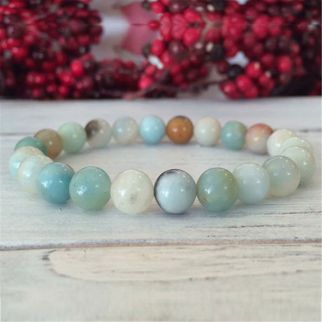 8mm Amazonite Gemstone Handmade Mala Bracelet 7.5inch Buddhism Cuff Chakra Yoga