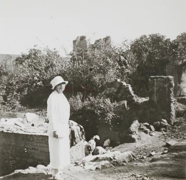 Maroc Femme Touriste c1920 Photo Stereo Plaque de Verre Vintage V39L20n1