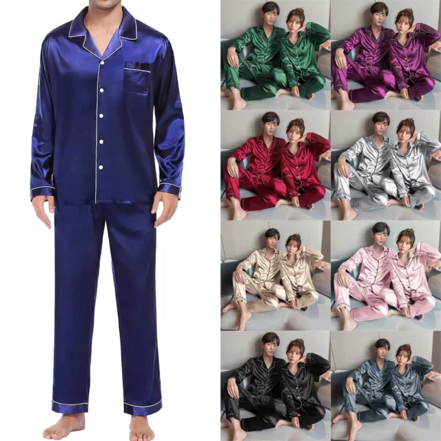 Couples Matching Pajamas Set Satin Long Sleeve Sleepwear Soft Button Down Pj Set