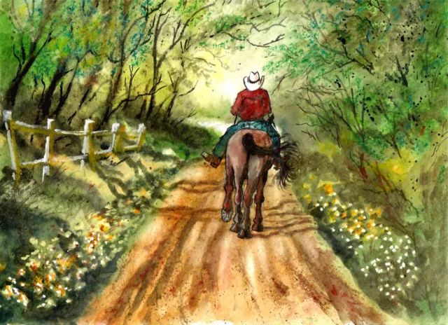 Cowboy Riding On A Country Lane, Western Art, Cowboy Art, Western Wall Decor