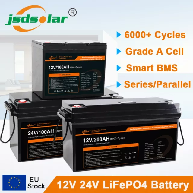 JSDSOLAR 12V 24V 100Ah 200Ah PLUS LiFePO4 Batterie BMS Lithium Akku für Solar RV