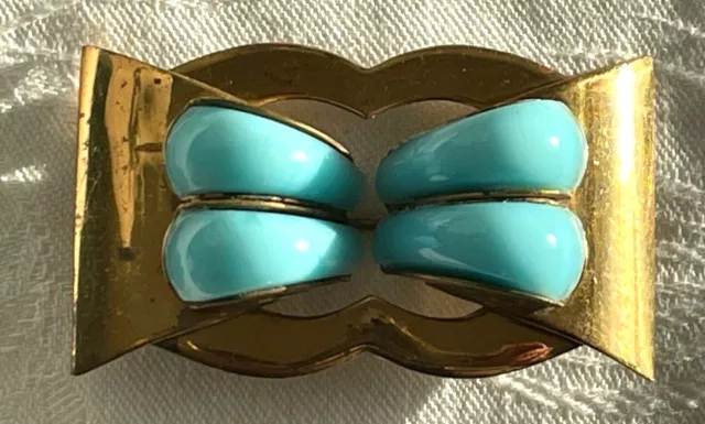 French Art Deco Brooch Gold Plated & Sky Blue Lucite Chic Late Deco Design c1935