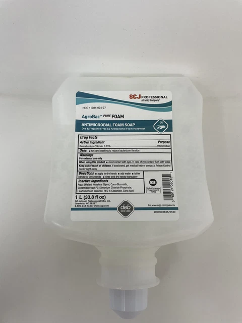 6 PACK DEB AGB1L AgroBac Pure Foam 1,000 Ml Foam Hand Soap Cartridge (EXP 7/22)