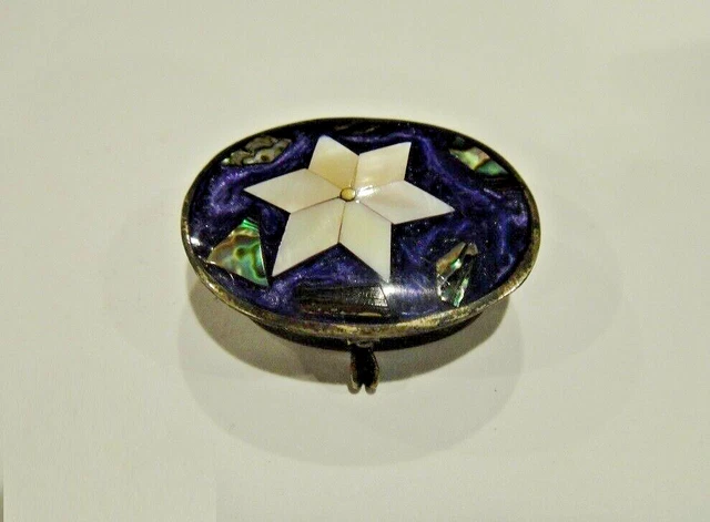 Mother of pearl shell silver Mini hinged Pill trinket box Vintage approx 2''