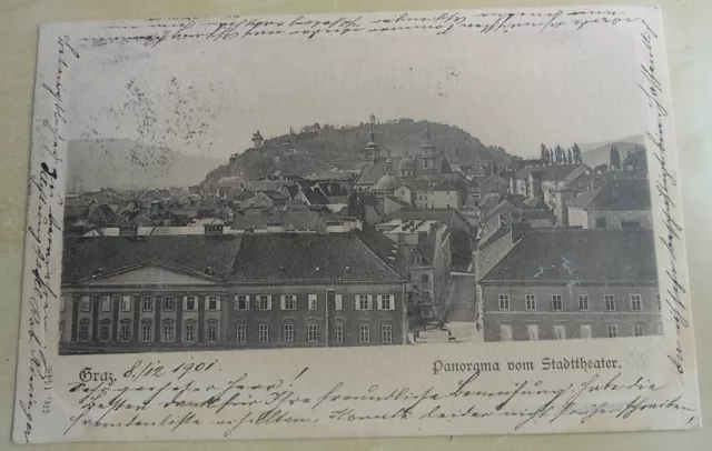 AK 1901: GRAZ, Panorama vom Stadttheater -- gelaufen nach Wien -- sehr selten!