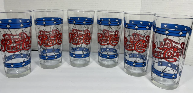 Vintage 1970's Pepsi Cola Tiffany Style Stained Glass 12 Ounce Glasses Lot of 6