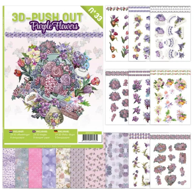 3D Stanzbogen Buch A4 Violette Blumen Nr. 33 - 24 3D Motiv & 8 Hintergrundpapier