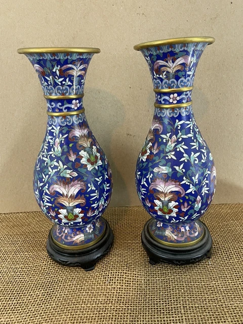 Chinese Cloisonne Mid 20th Century Vases With Wood Stands