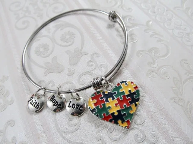 Autism Awareness Heart w/ Faith Hope & Love Expandable Charm Bangle Bracelet