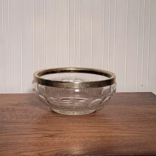 English Hallmark Crystal Cut Salad Serving Bowl with Silver Rim Depression Glass