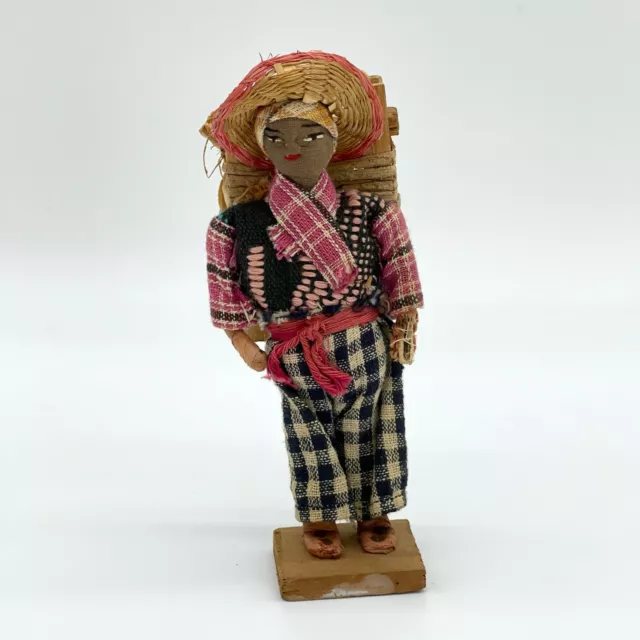 Vintage Guatemalan Handmade Folk Art Fabric Doll Man Back Basket Wooden Stand