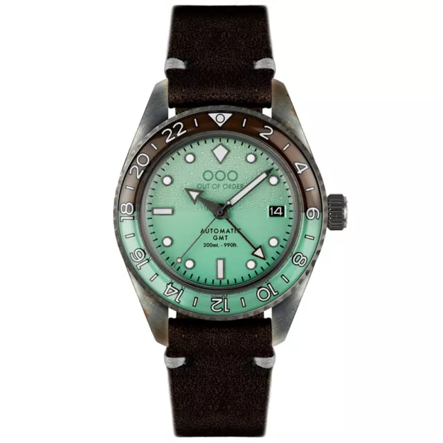 Out of Order AFTER 8 GMT Automatico Acciaio Marrone Verde Pelle Orologio Uomo