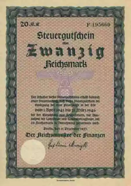 Steuergutschein Deutsches Reich 20 RM Berlin 1945 Lit.B Graf Schwerin vonKrosigk