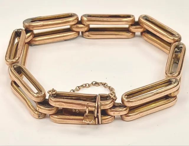 Vintage / Antique 9ct Rose Gold Bracelet Chunky 2 Bar Gate Style Slide Closure