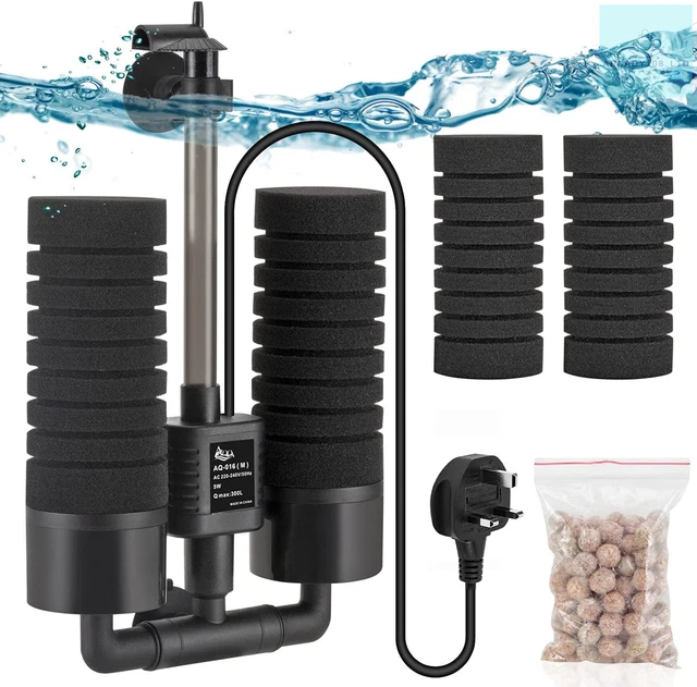 AQQA Aquarium Double Sponge Filter, 3W/5W Quiet Electric Power Fish Tank Filter,