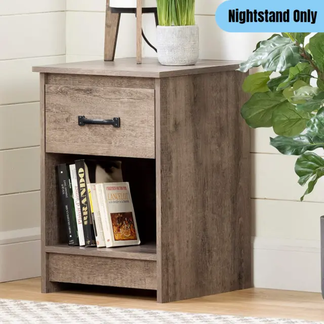 Rustic Style Nightstand End Table w/ Drawer Bedside Storage Weathered Gray Look
