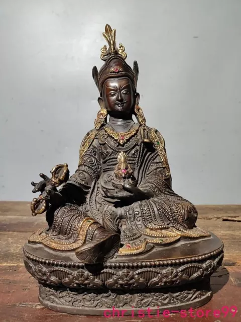 12" old Tibet Buddhism temple bronze Gilt Padmasambhava Guru Rinpoche statue