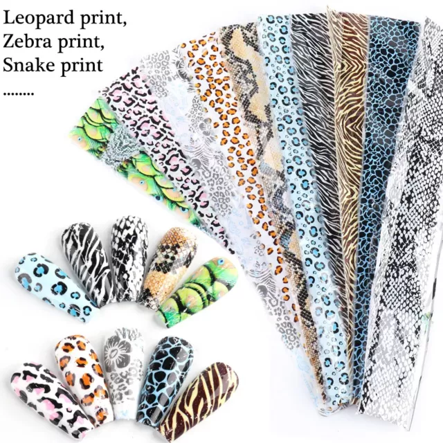 10Pcs Leopard Nail Art Foils Nail Transfer Foil  Decal Glitter Sticker UK STOCK
