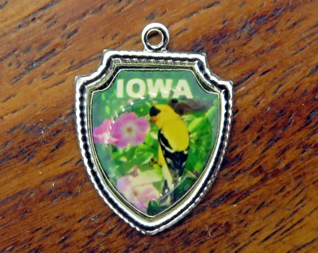 Vintage silver IOWA STATE GOLDFINCH BIRD SOUVENIR TRAVEL SHIELD charm 8-18