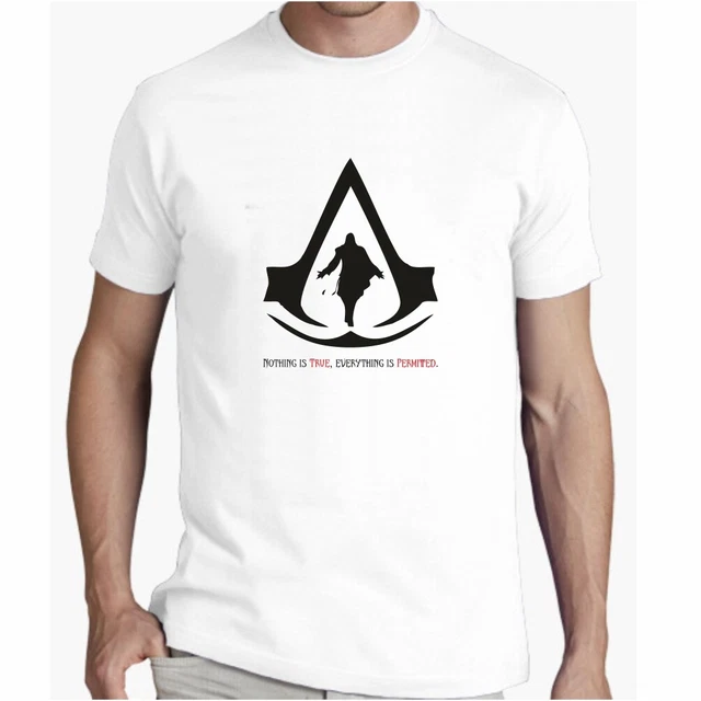 T-shirt bianca gamer assassins maglia simbolo gaming videogioco disegno consolle