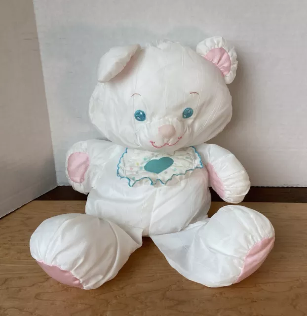 Fisher Price 16” Puffalumps White Teddy Bear In Bib w/ Blue Heart 1989 Nice Tag