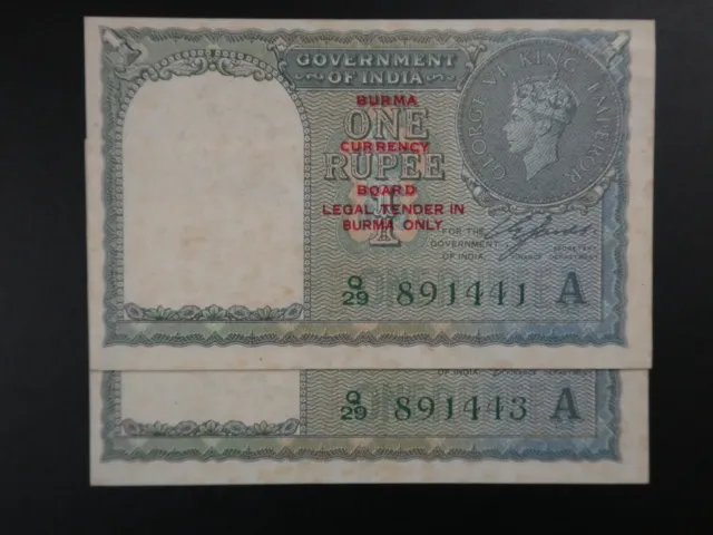 2No. 1945 BURMA MILITARY 1 RUPEE (INDIA) BANKNOTES aUNC/UNC~NEAR CONSECUTIVE