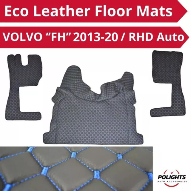 for VOLVO FH EU 6 2013-2020 RHD Auto Black & Blue Stitch Eco Leather Floor Mats